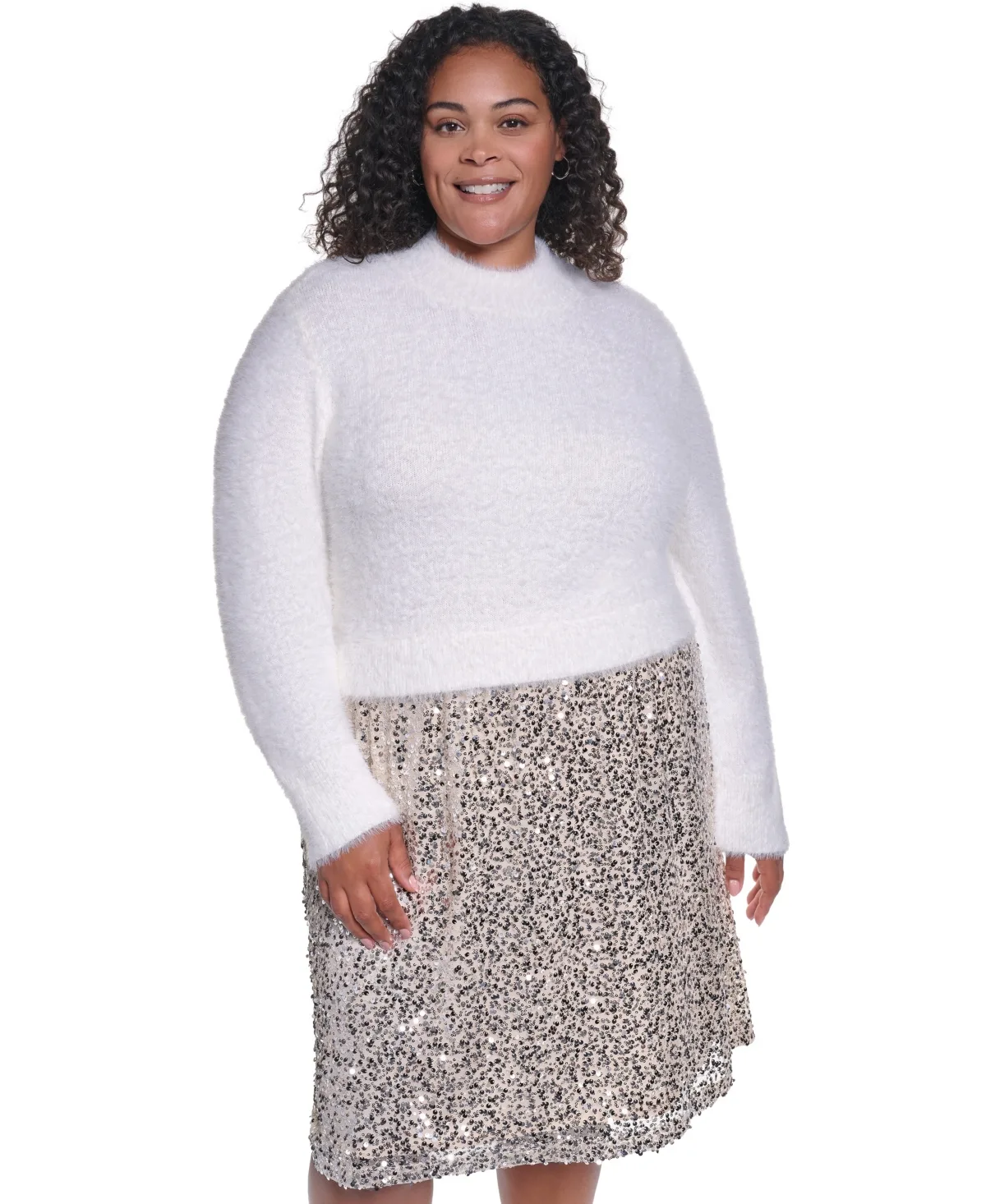 Sequin Mock-Neck Long-Sleeve Sweater Dress by Vince Camuto