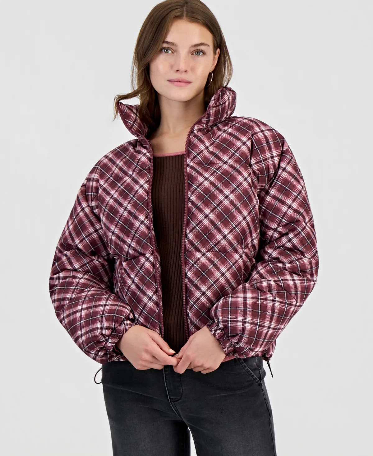 Printed Zip-Front Puffer Jacket by Madden Girl