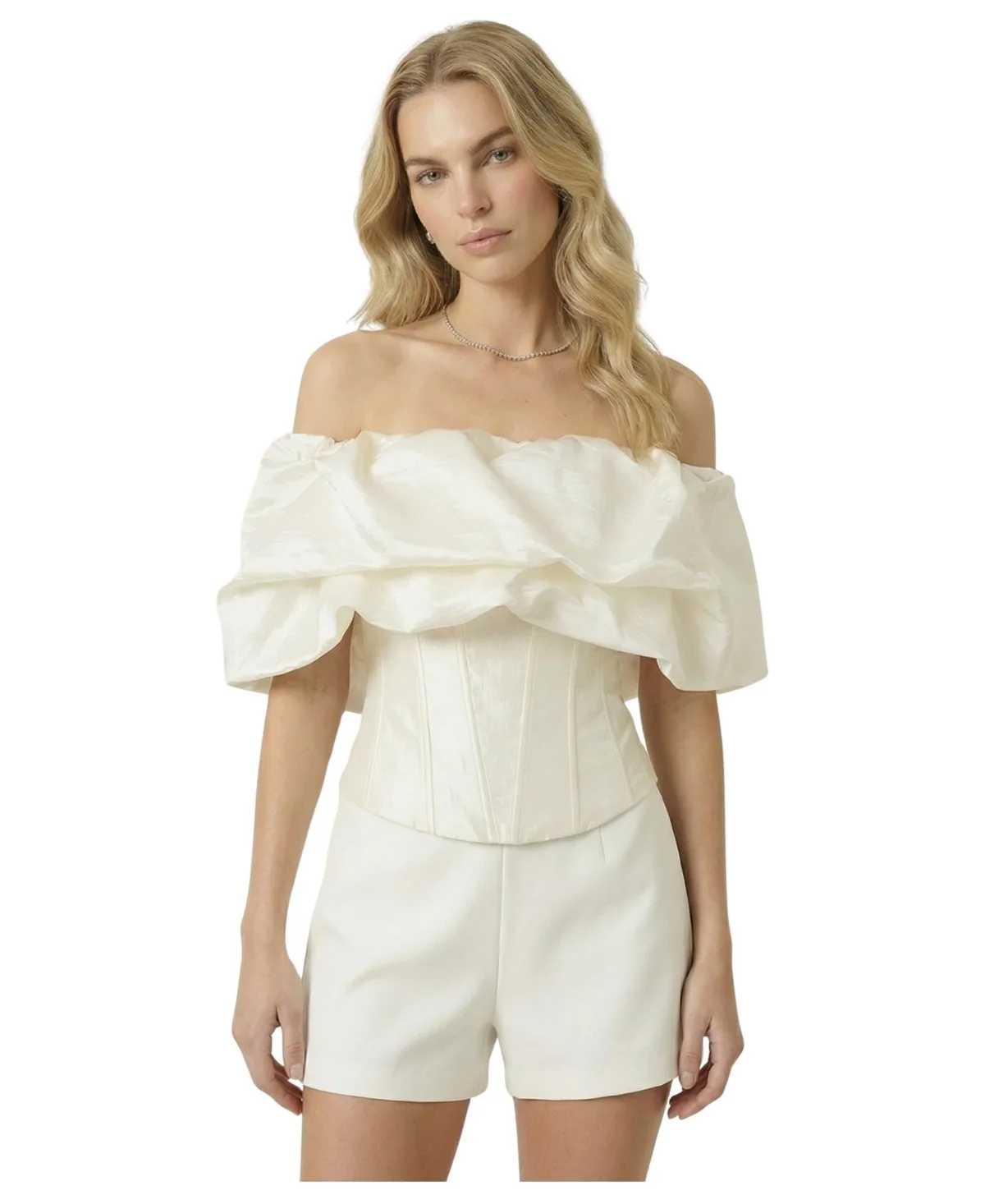 Off-The-Shoulder Ruffle Corset Top by Modenaire