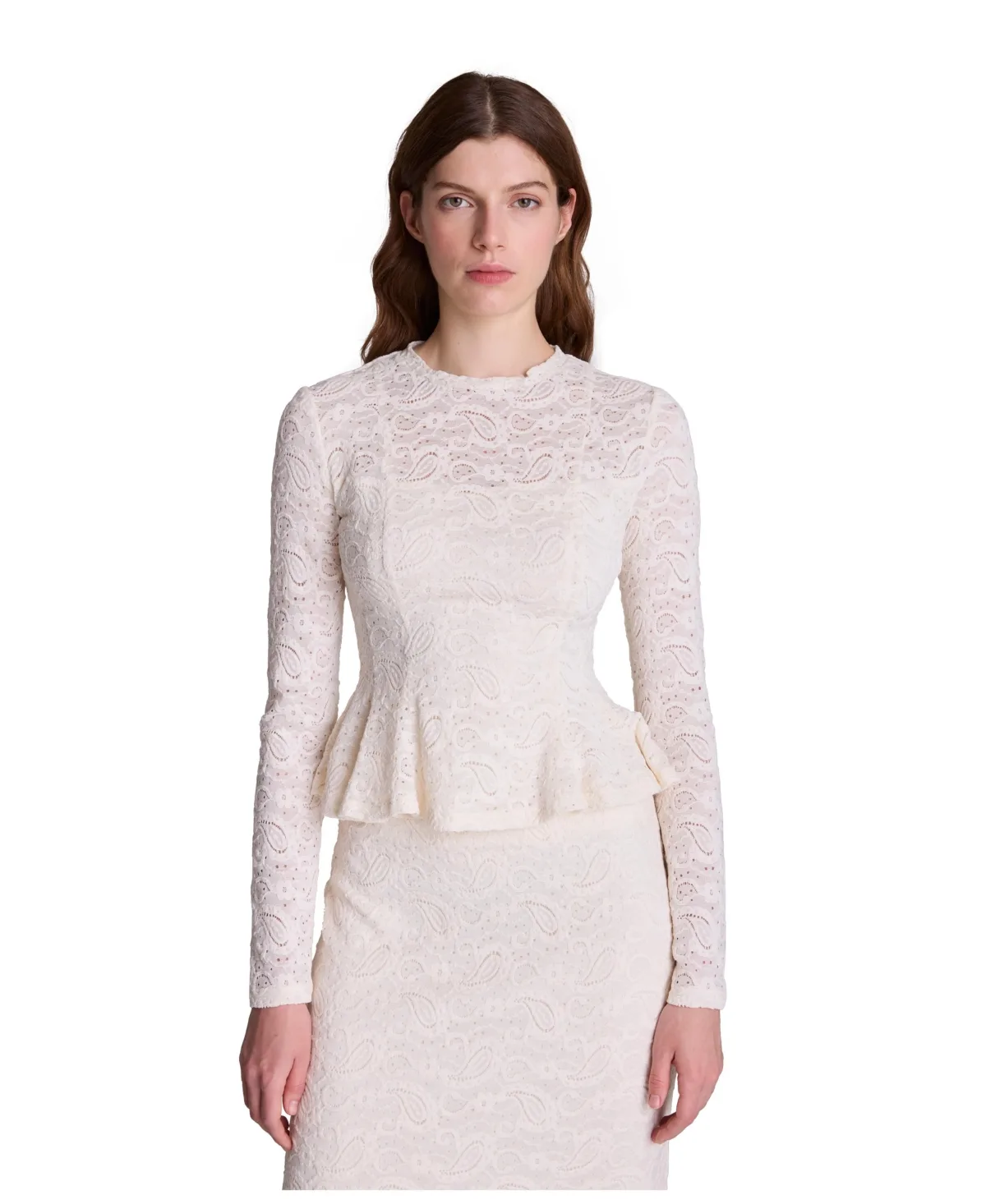 Stretch Peplum Lace Long-Sleeve Pullover by Kenneth Cole