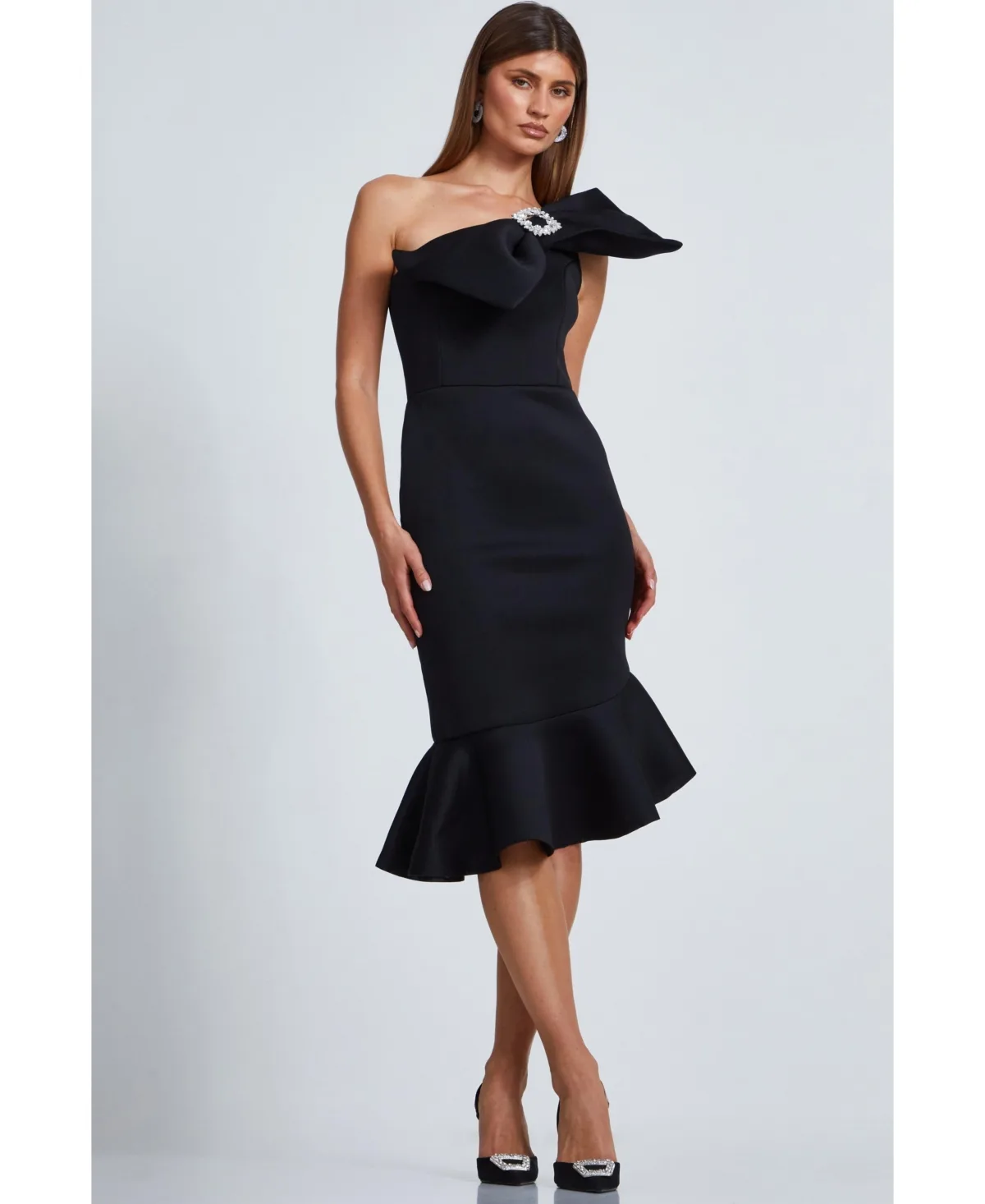 Scuba One Shoulder Bow Frill Midi Dress by Quiz
