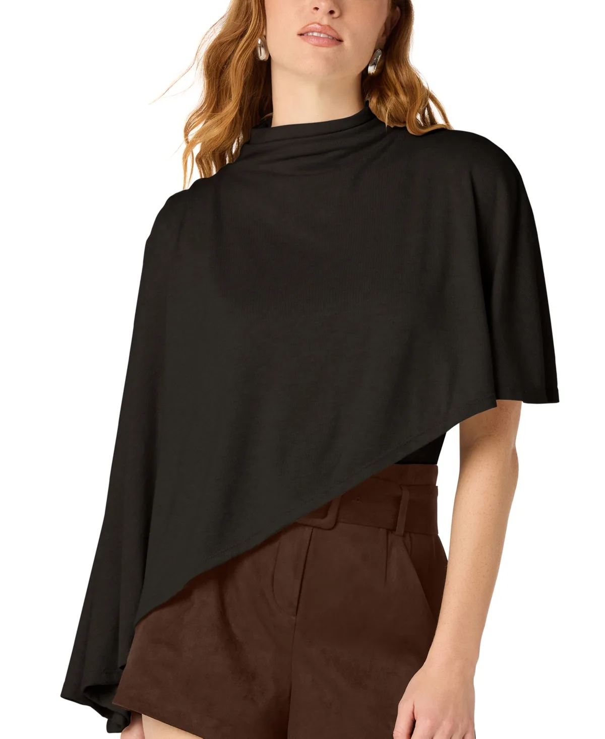 Mock Neck Asymmetrical Knit Cape Top by ASTR