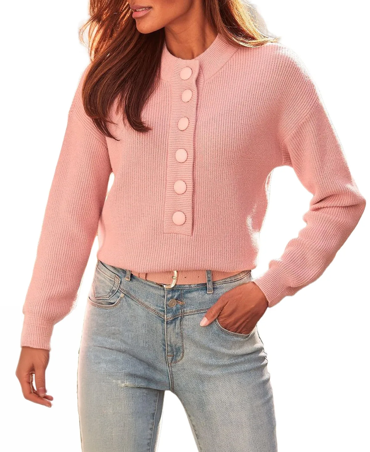 Button-Front Mock-Neck Ribbed Sweater by Lascana