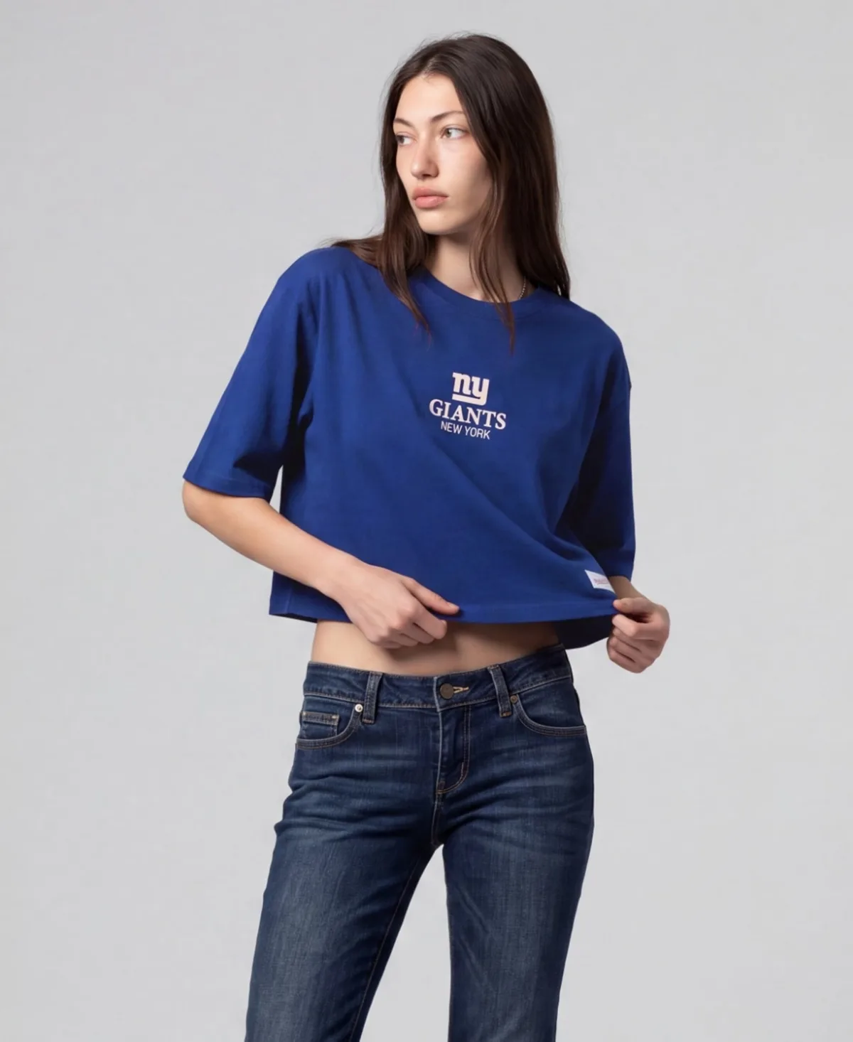 New York Giants Core Essentials Micro Logo Boxy Crop T-Shirt by Mitchell & Ness