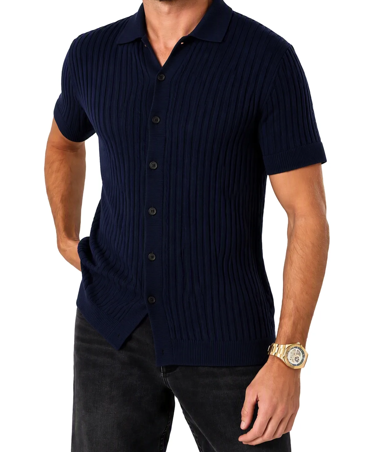 Mateo Texture Button Up Slim-Fit Striped Polo Shirt by GUESS