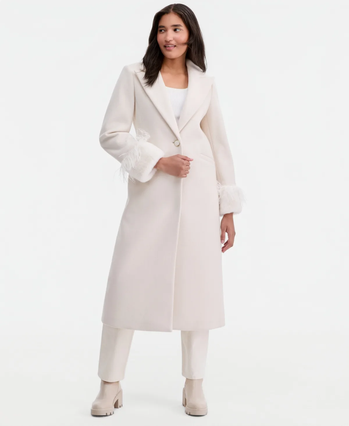 Faux-Fur and Feather-Trim Maxi Coat by CeCe