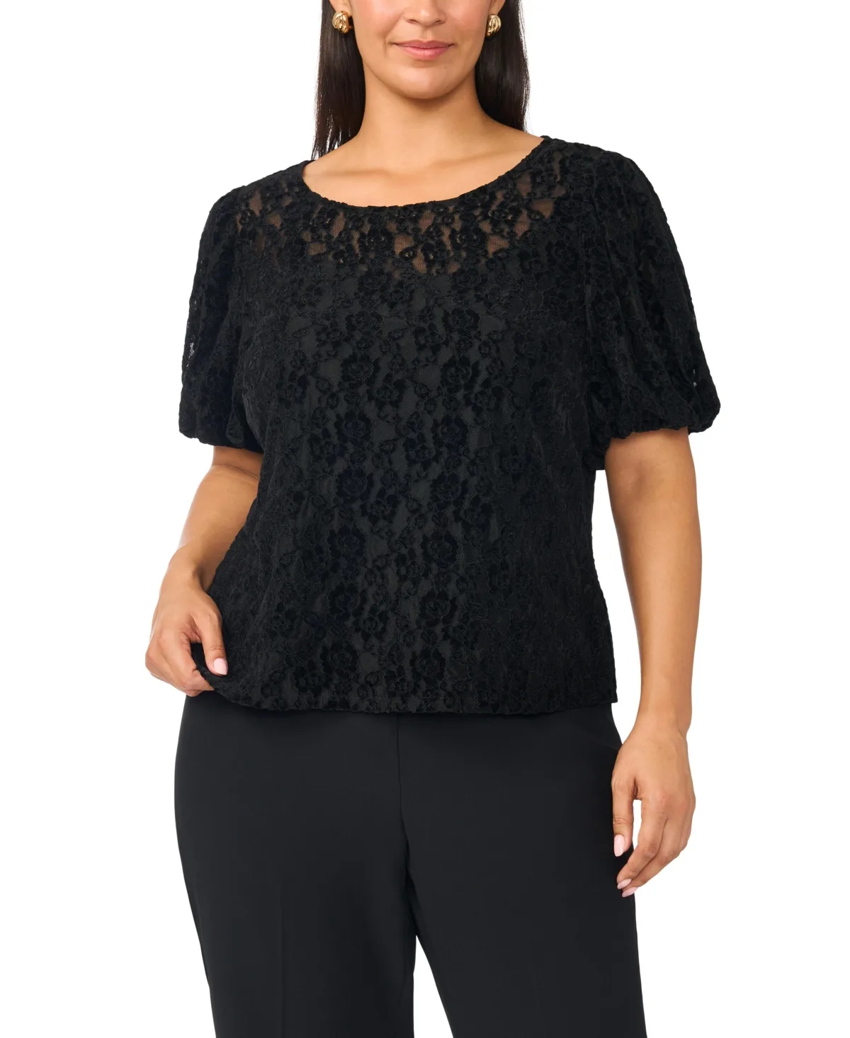 Puff-Sleeve Crewneck Lace Blouse by Vince Camuto