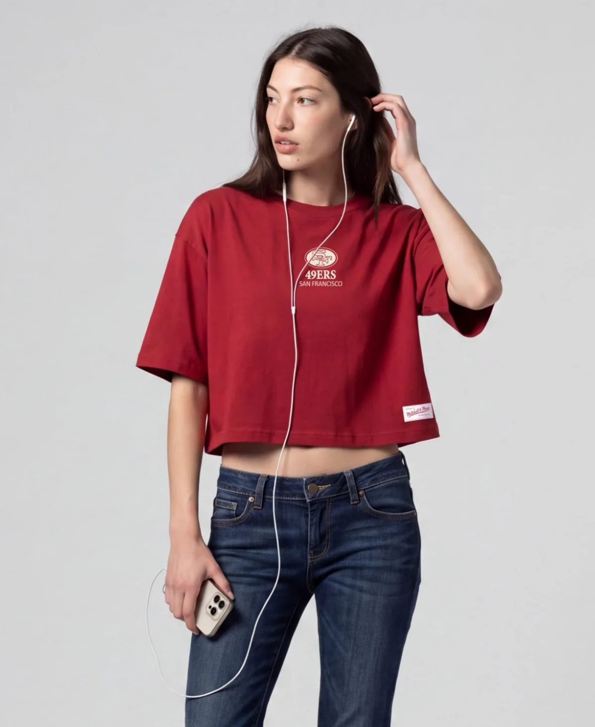 San Francisco 49ers Core Essentials Micro Logo Boxy Crop T-Shirt by Mitchell & Ness