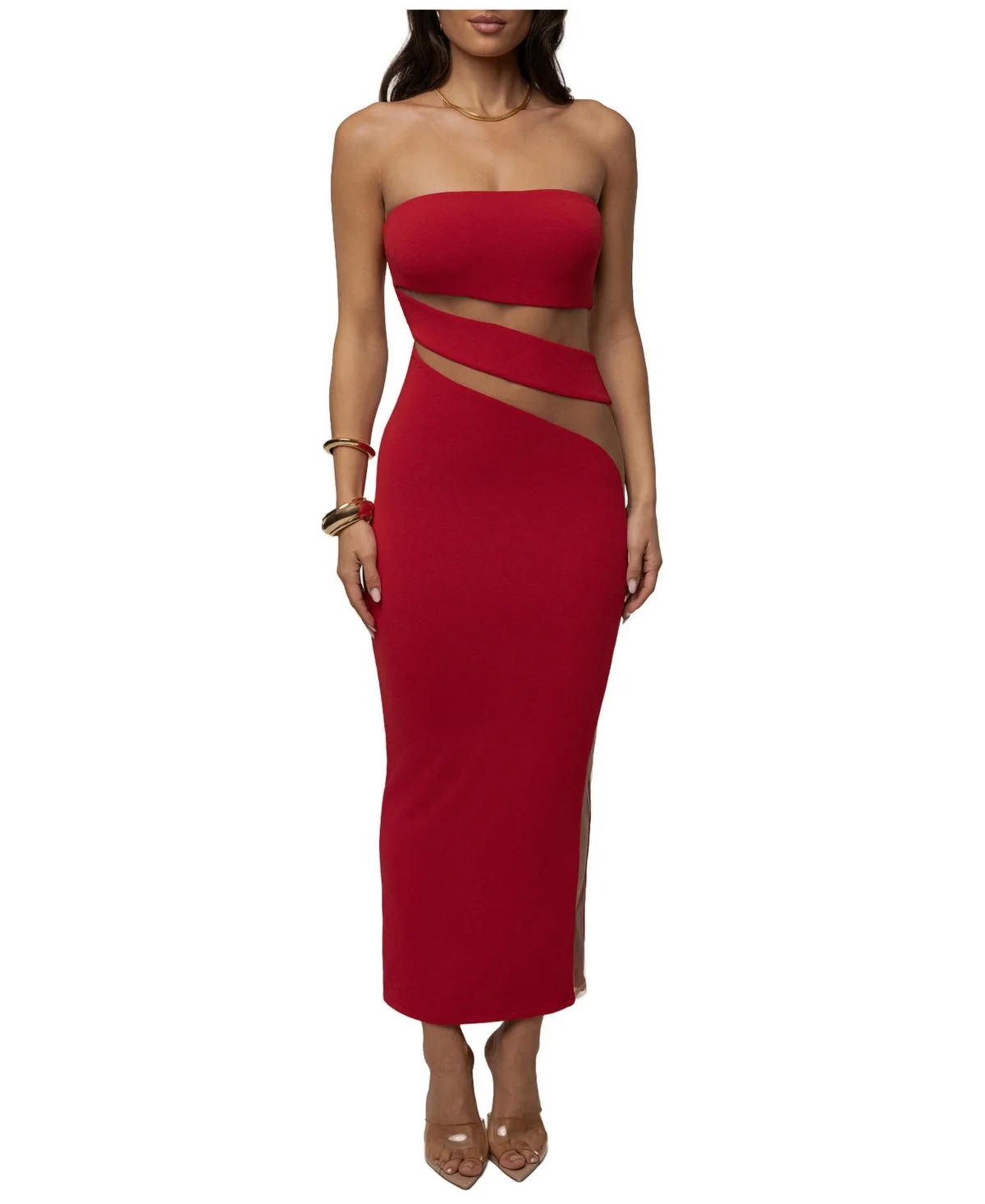 Unpredictable Strapless Sheer-Panel Midi Dress by Jluxlabel