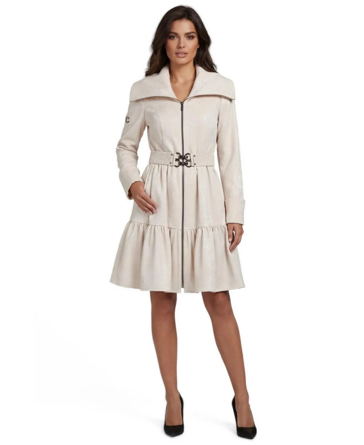 Luna Iris Belted Tiered Zip-Front Short Coat by Luna Fashion House