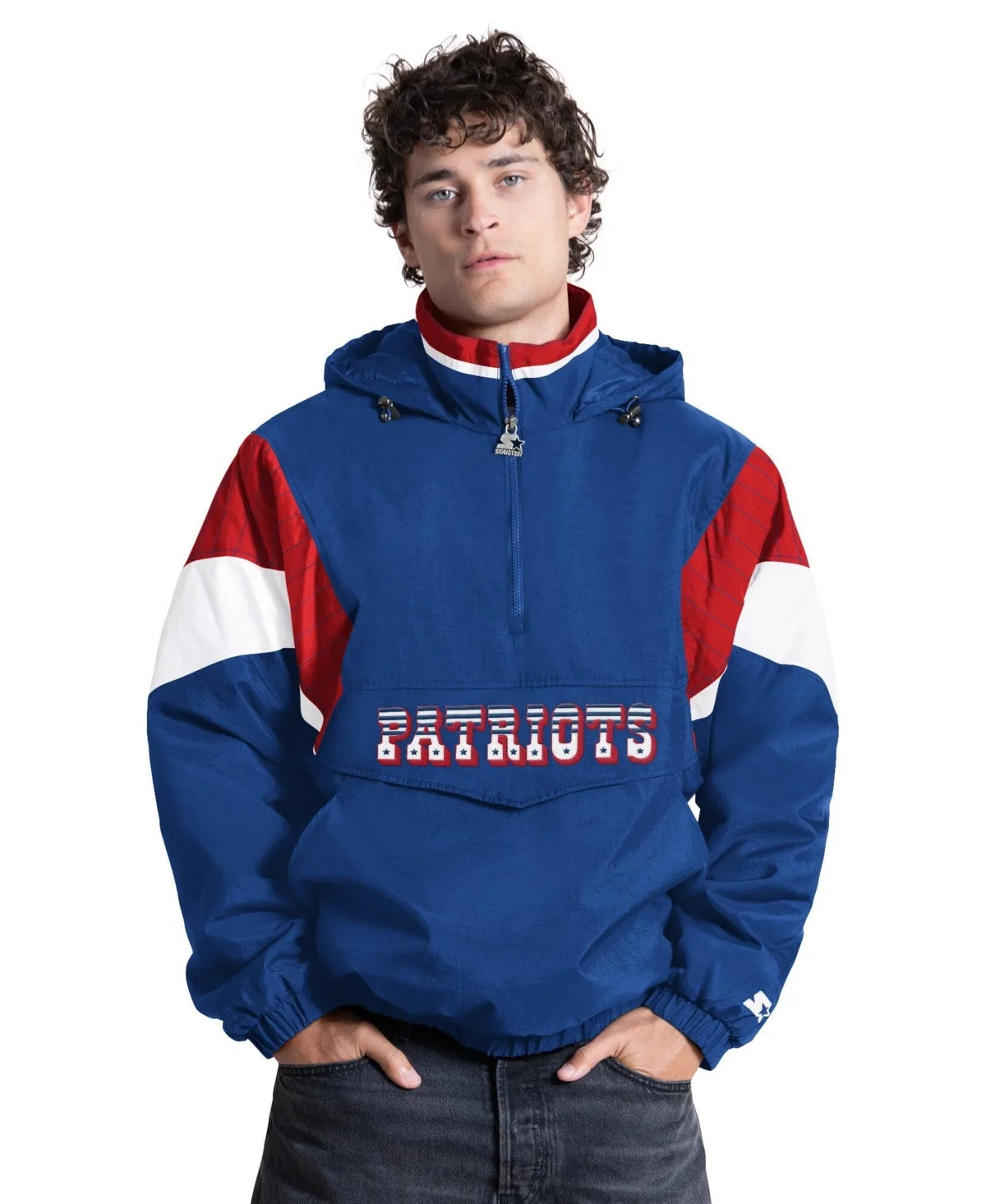New England Patriots the Throwback Retro Logo Half-Zip Hooded Sweatshirt by Starter