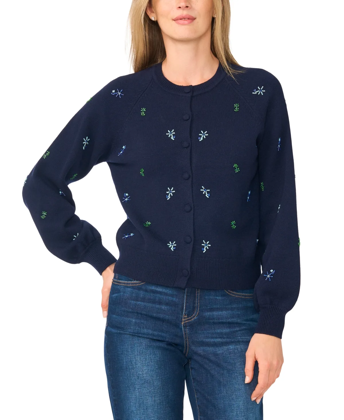 Dupraz Bead-Embroidered Crewneck Long-Sleeve Cardigan Sweater by CeCe