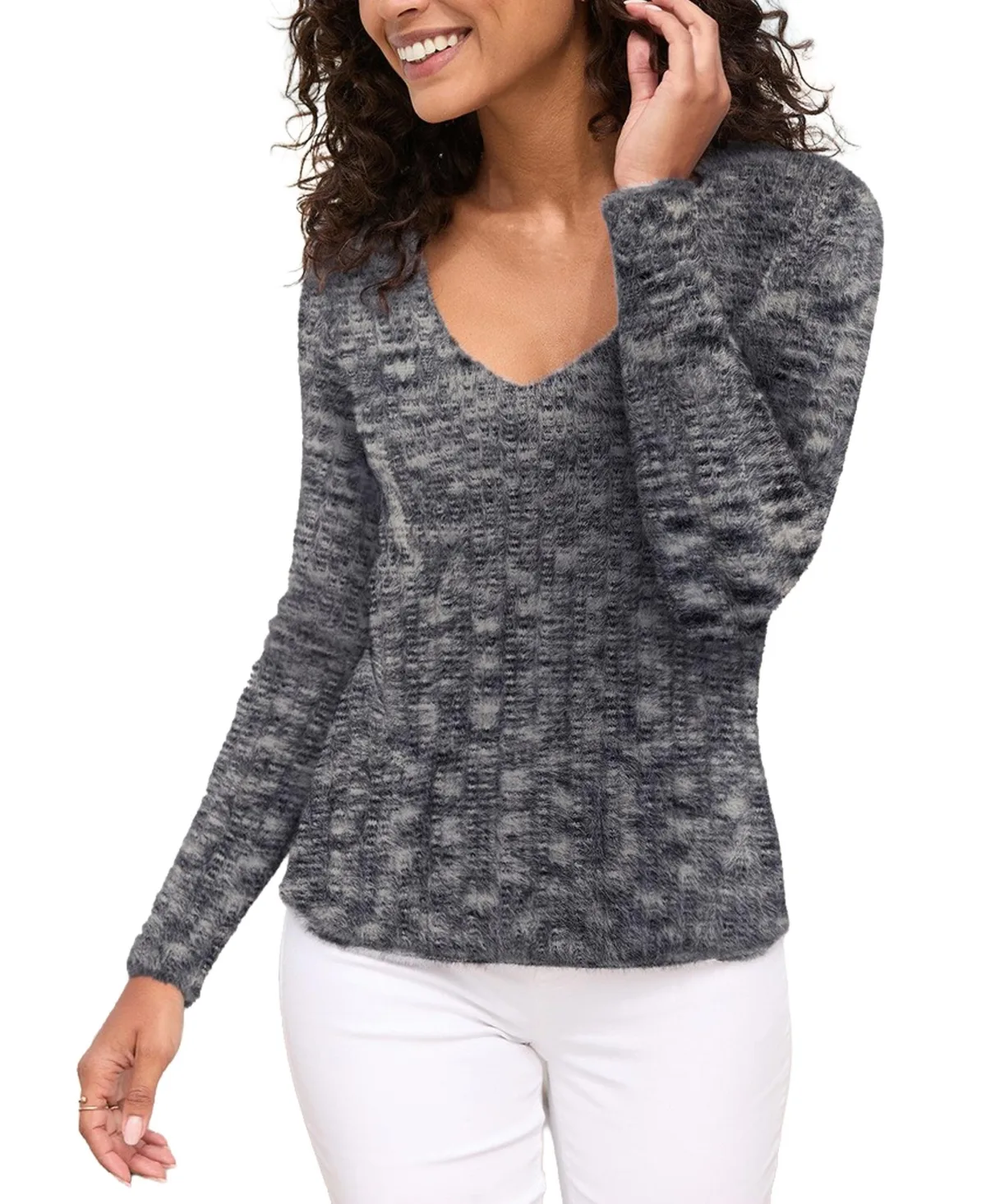 Fuzzy V-Neck Longline Soft-Knit Sweater by Lascana