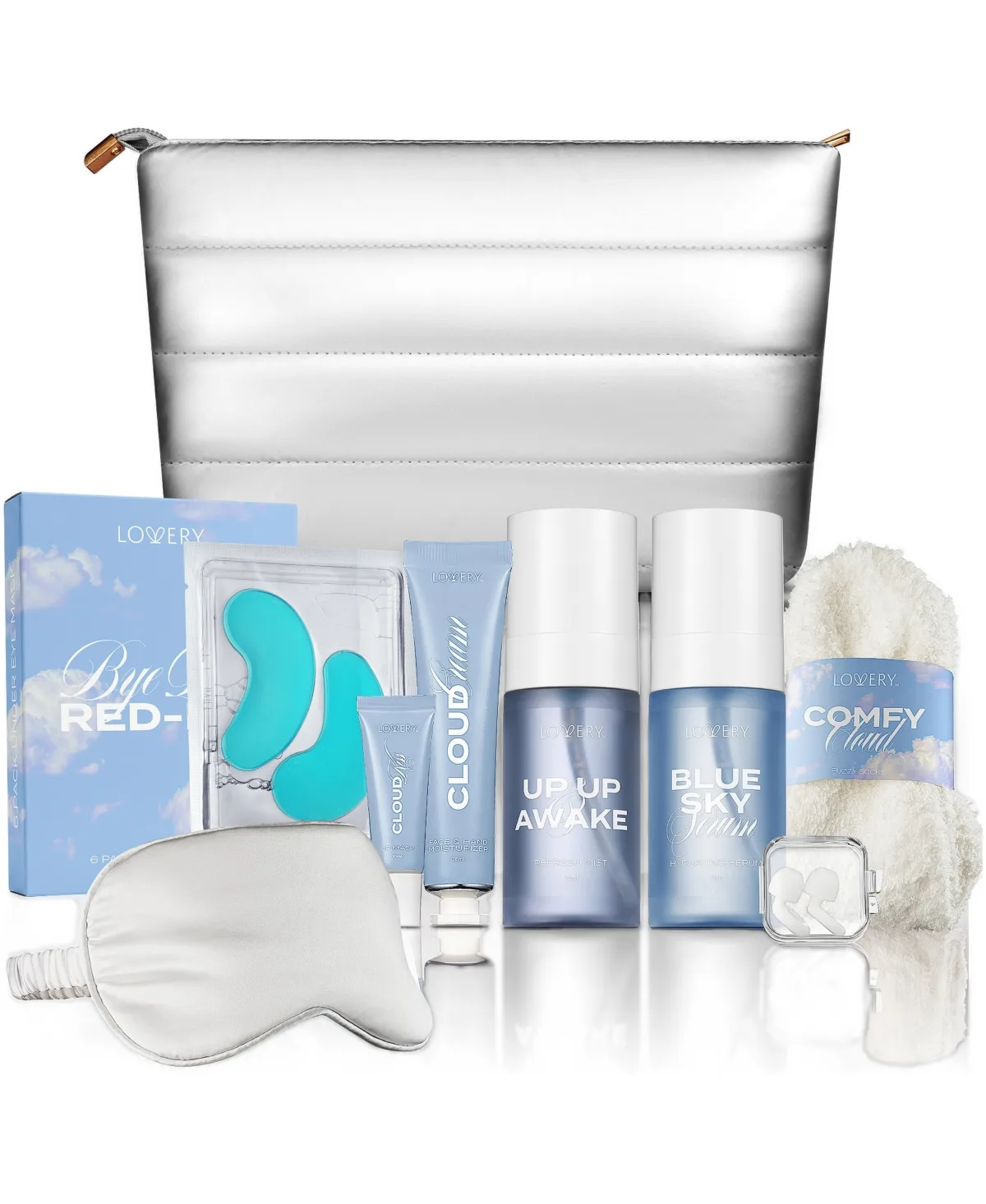Sky Skin Flight Glow Travel Kit 13-Piece Hydrating Skincare Set with Face Mist, Serum, Eye Patches, Sleep Mask & More by Lovery