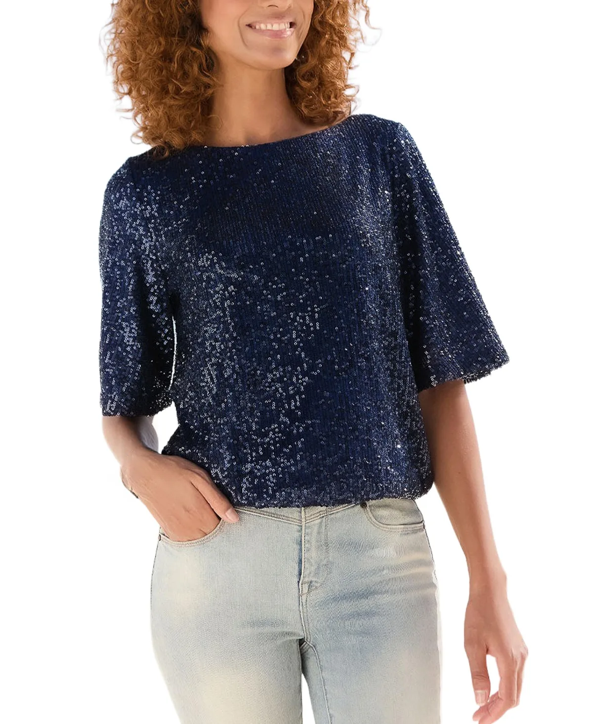 Allover-Sequin Boat-Neck Elbow-Sleeve Top by Lascana