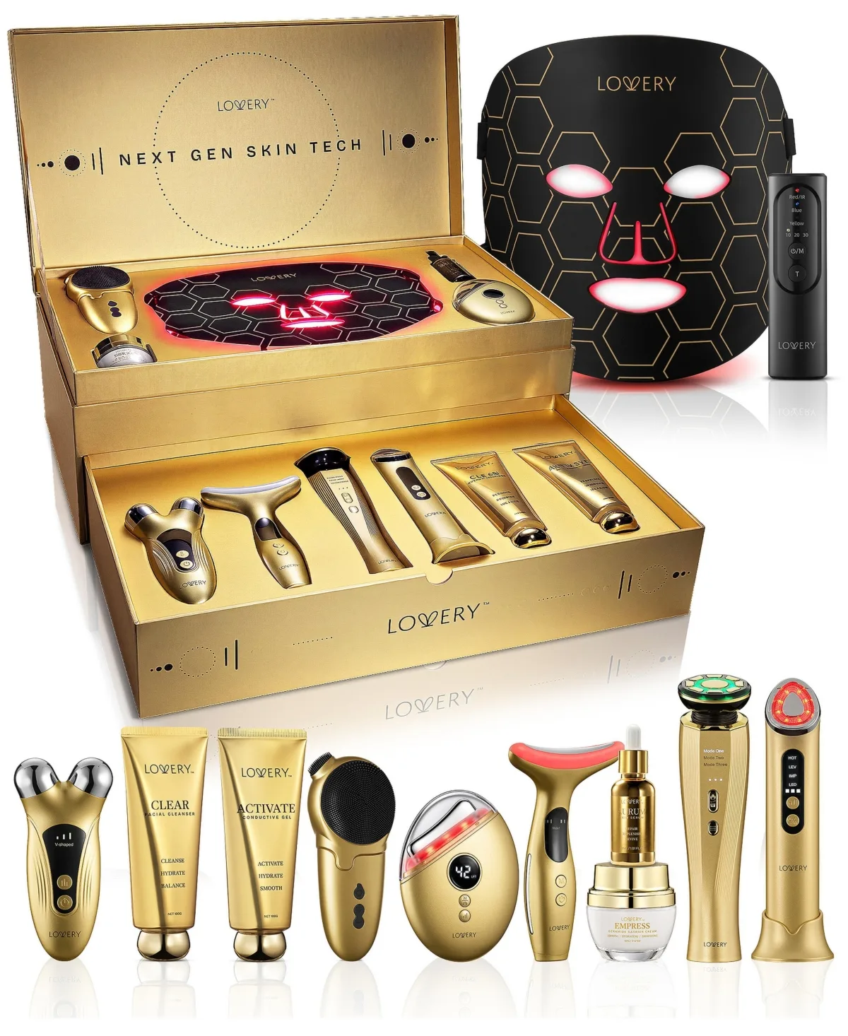 24K Gold 12piece Led Red Light Therapy, Ems & Microcurrent Skincare Tools Tech Device Luxury Gift Set by Lovery