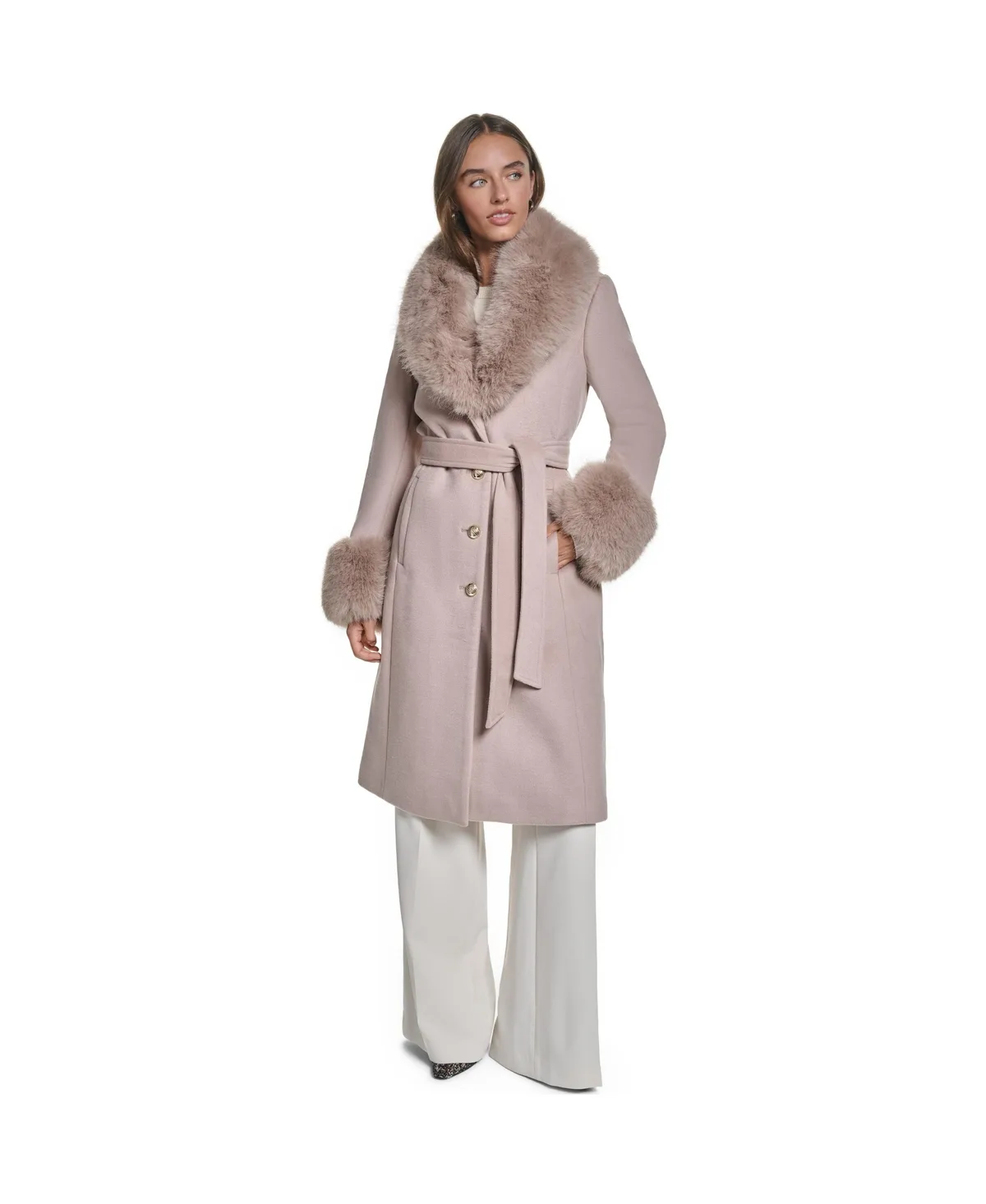 Fur Trimmed Single Breasted Long Wool Coat by Karl Lagerfeld