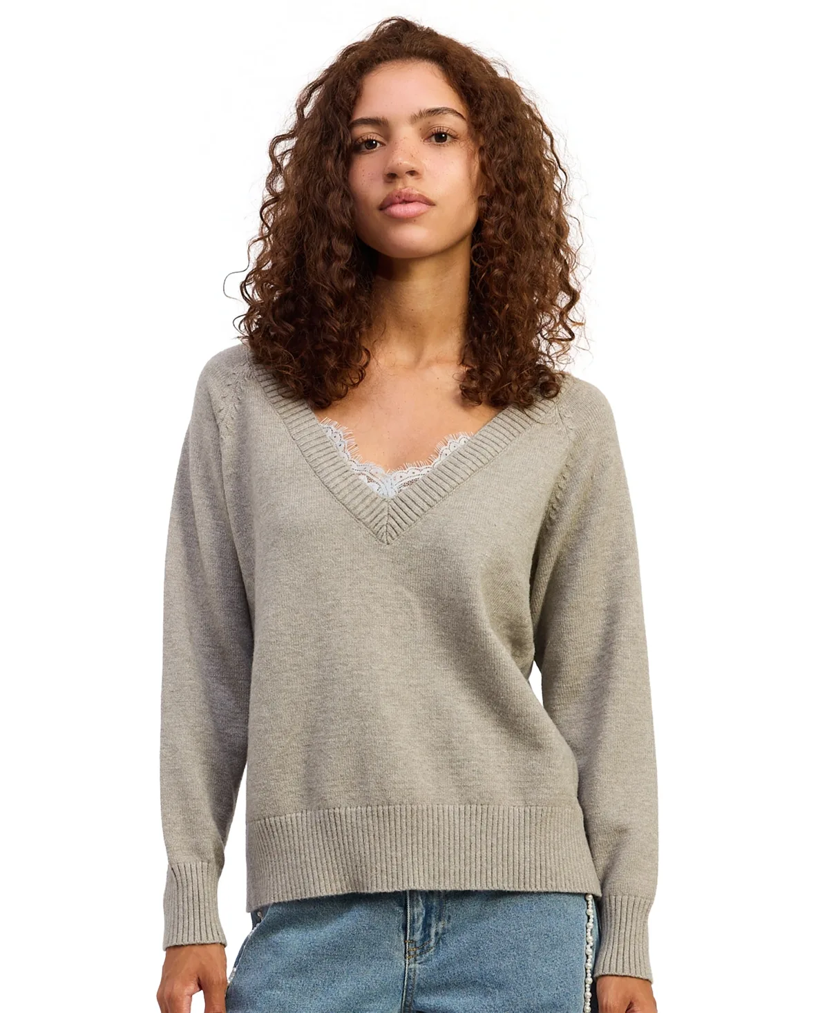 Imogen V-Neck Long-Sleeve Lace-Trim Sweater by En Saison