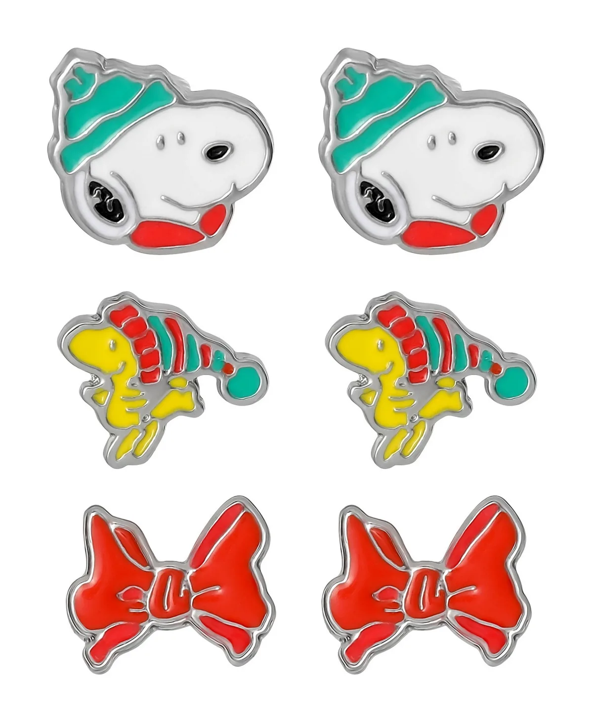Peanuts Snoopy and Woodstock Christmas Stud Earrings, 3-Pair Set by Peanuts