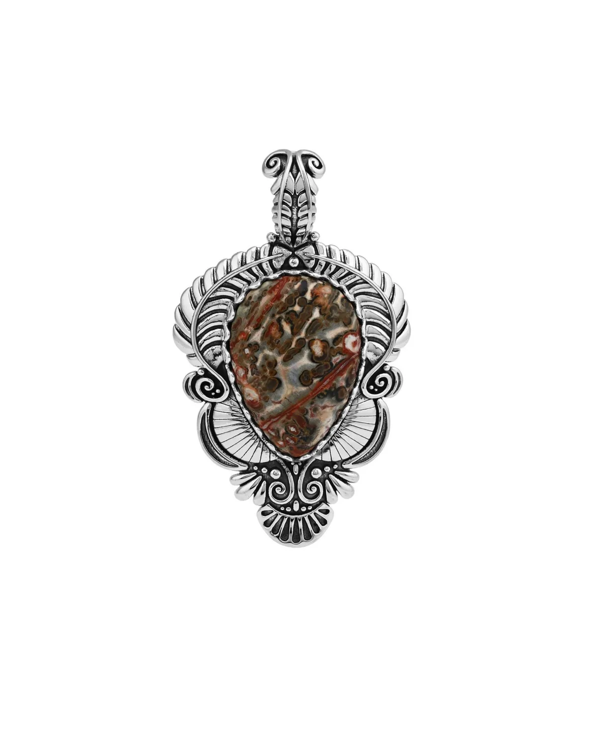 Pear-Cut Leopard Jasper Sterling Silver Oxidized Leaf Pendant Enhancer by American West Jewelry