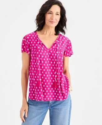 Printed Split Neck Flutter Sleeve Blouse by Style & Co