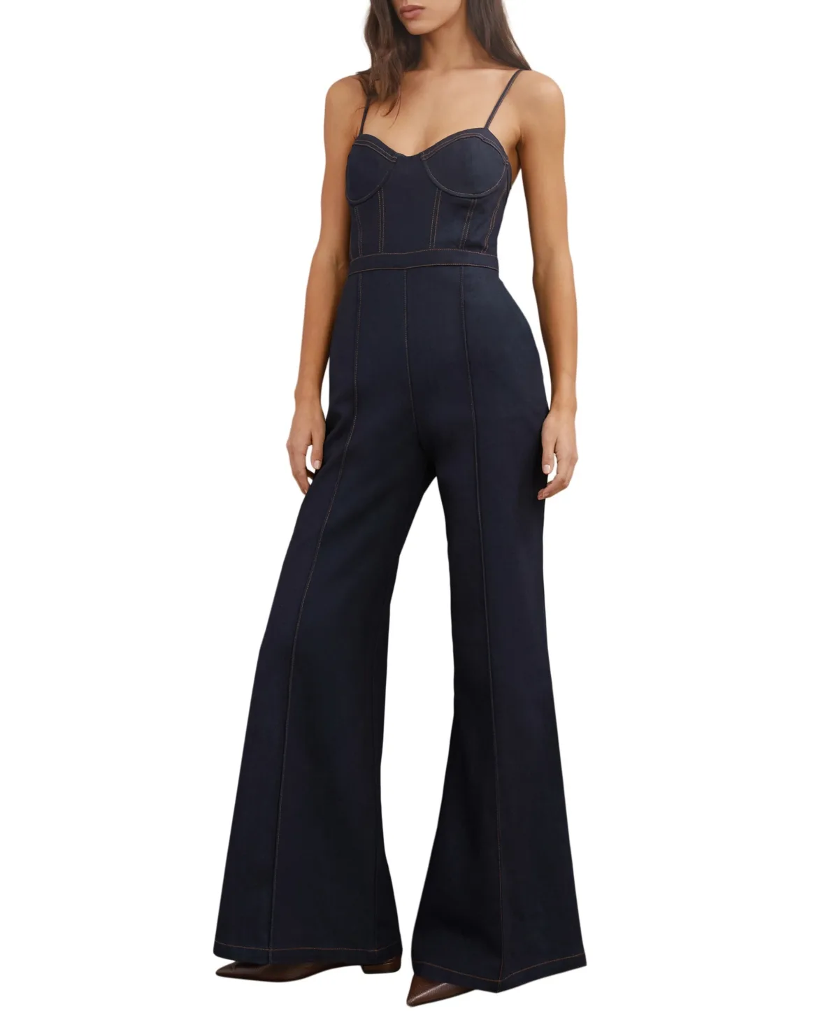 Macey Sweetheart Neck Corset-Style Wide-Leg Denim Jumpsuit by Reiss