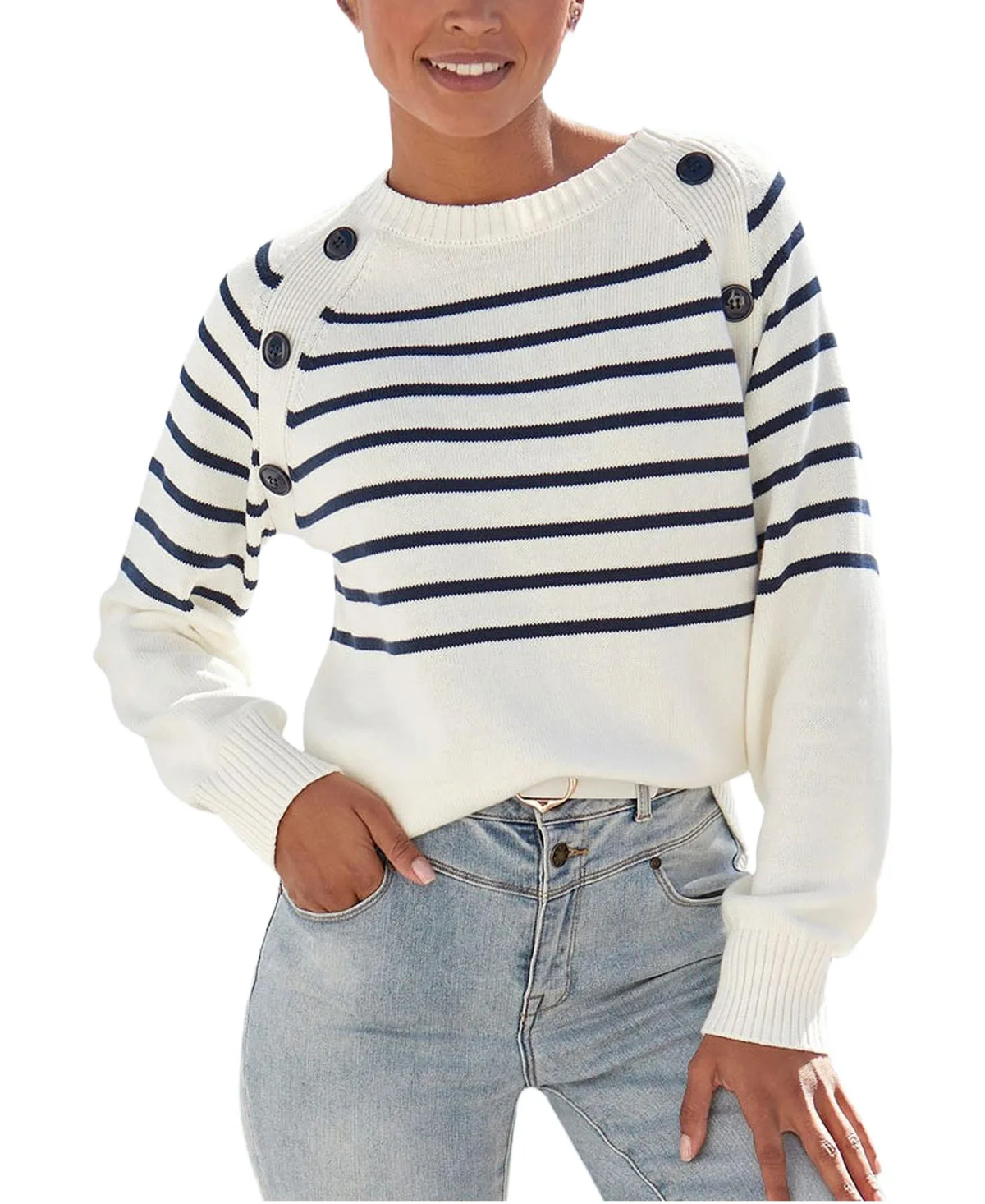 Striped Button-Detail Raglan Knit Sweater by Lascana