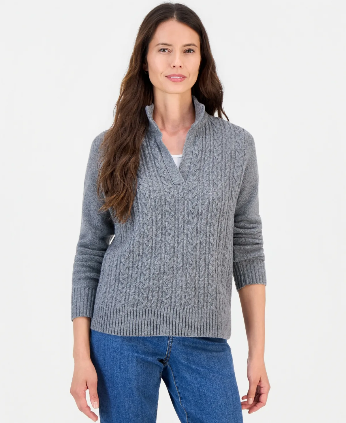 Cable-Knit Split Neck Long-Sleeve Pullover Sweater by Style & Co