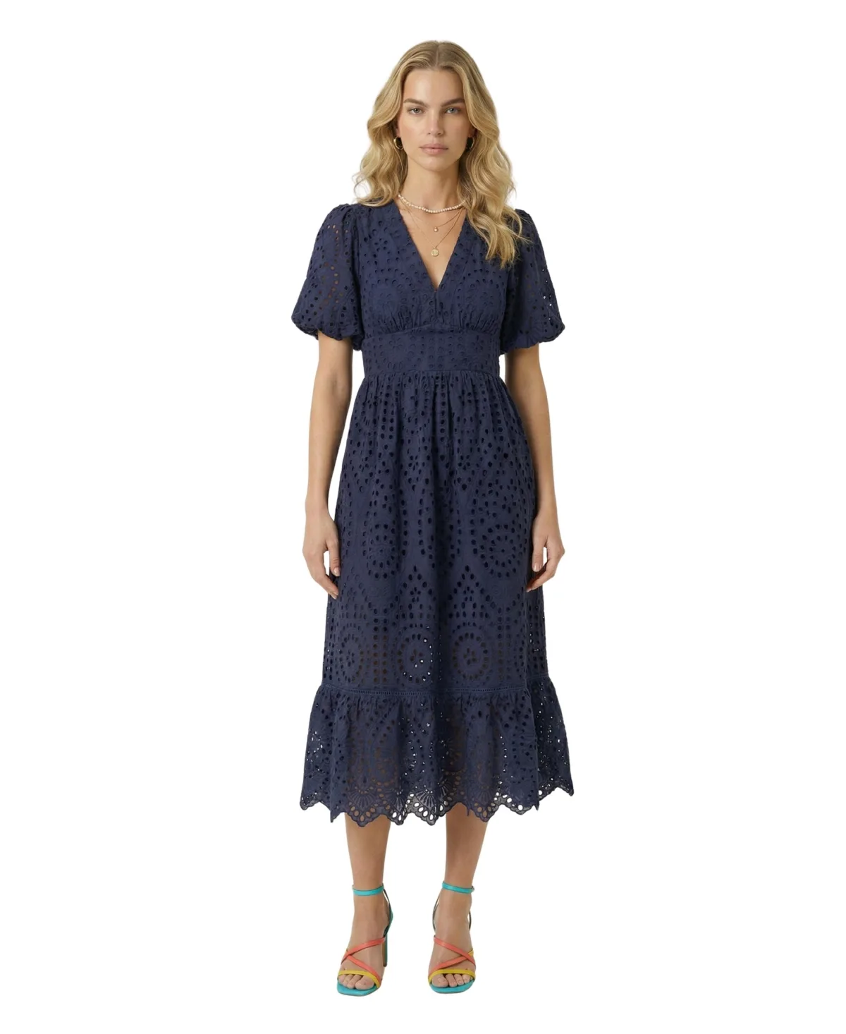 Puff Sleeve Eyelet Smocked Midi Dress by Modenaire