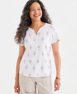 Printed Short Sleeve Henley Top by Style & Co