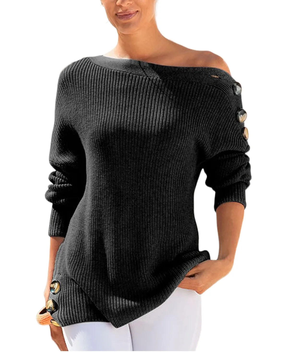 Boat-Neck Button-Detail Off-Shoulder Knit Sweater by Lascana