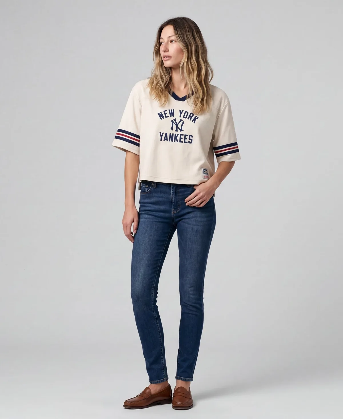 New York Yankees Cooperstown Collection Retro Roots Crop Boxy Yoke T-Shirt by Mitchell & Ness