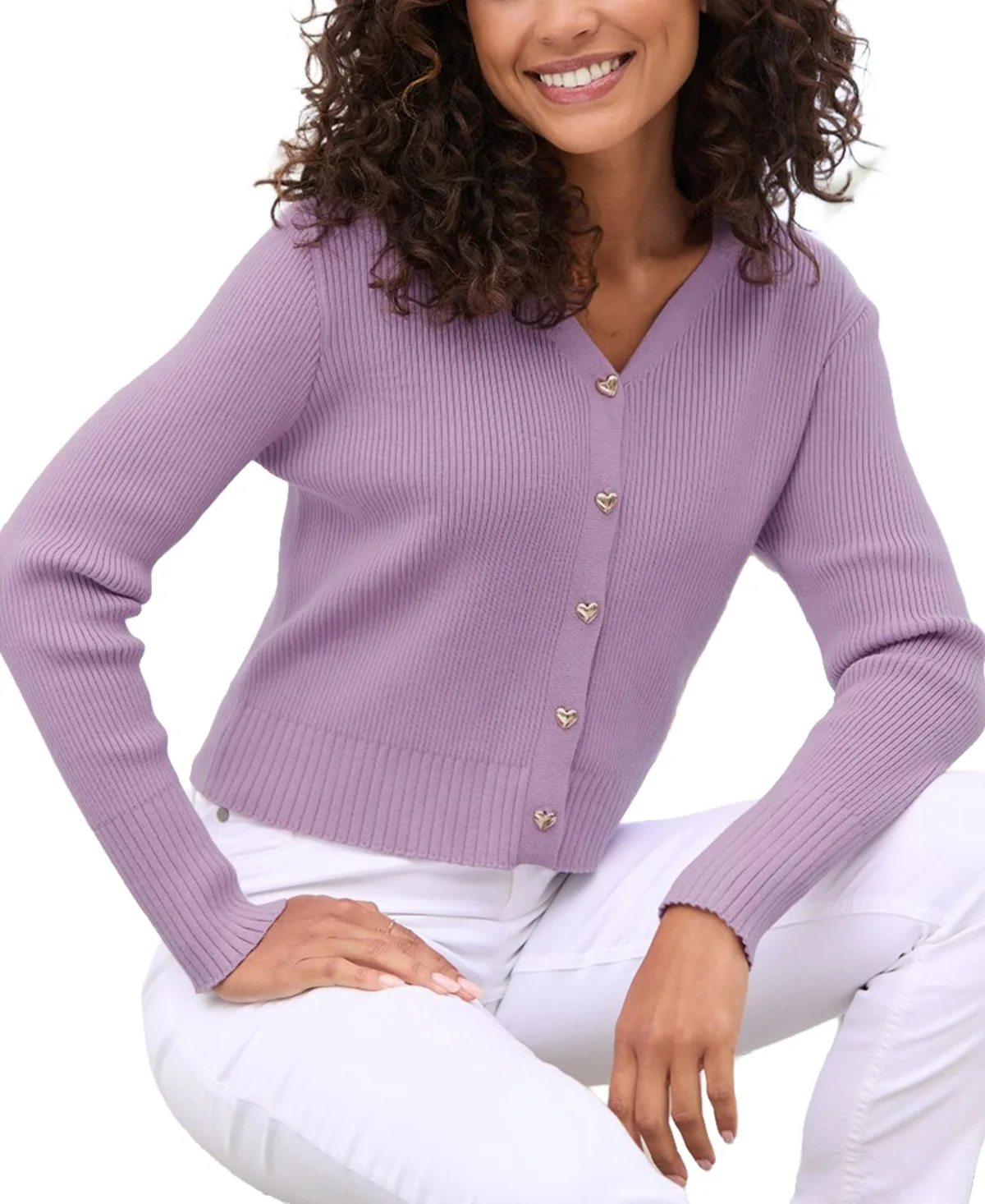 Cropped Ribbed-Knit Heart-Button Cardigan by Lascana