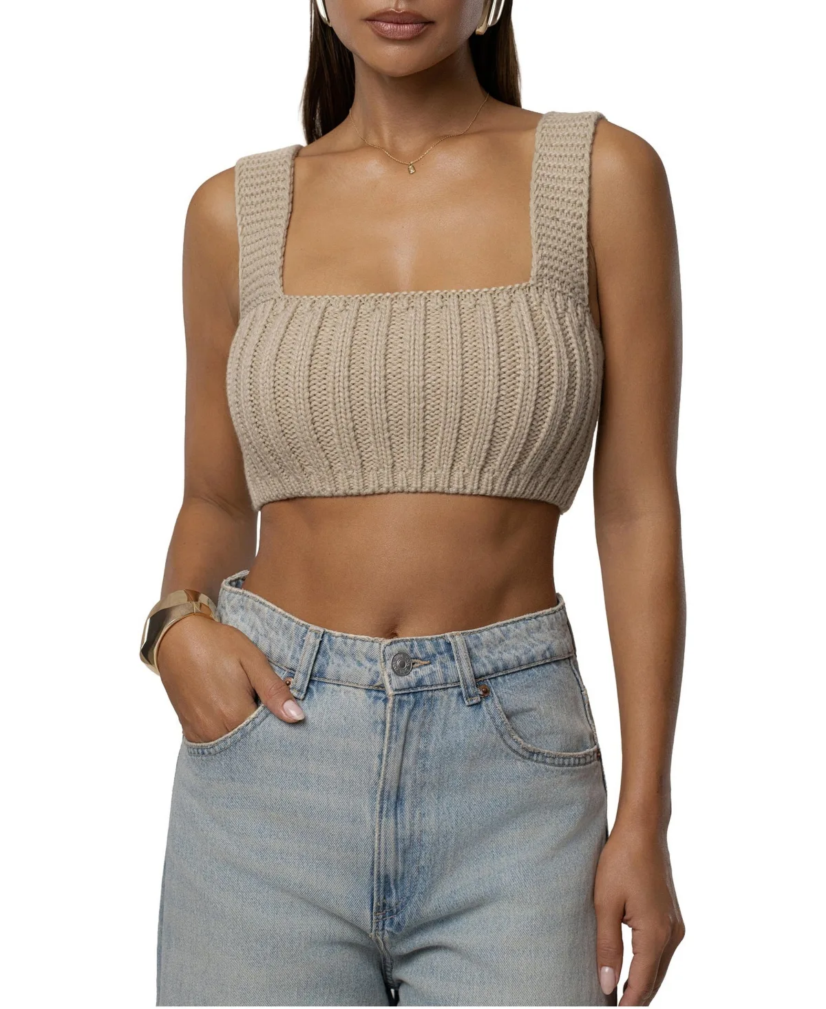 Soft Form Ribbed Square-Neck Sleeveless Crop Top - Stone by Jluxlabel
