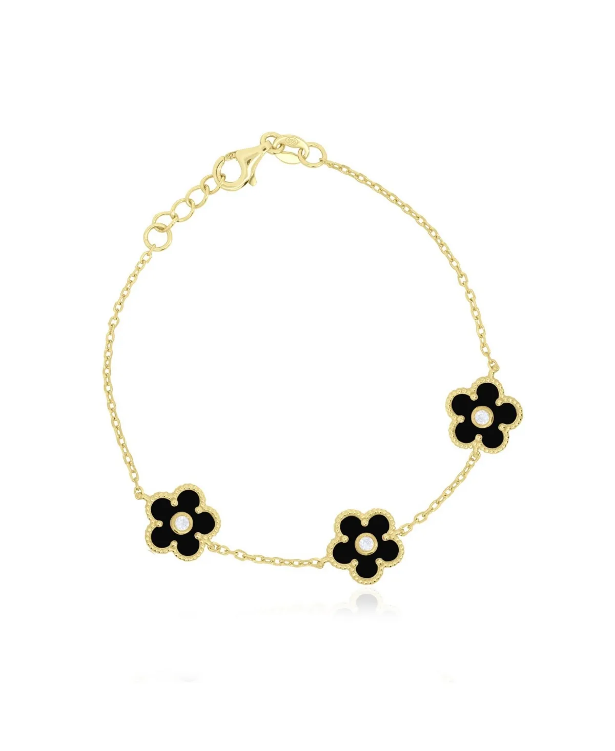 Onyx Flower Trio Adjustable Chain Bracelet in 14K Gold-Plated Sterling Silver by The Lovery
