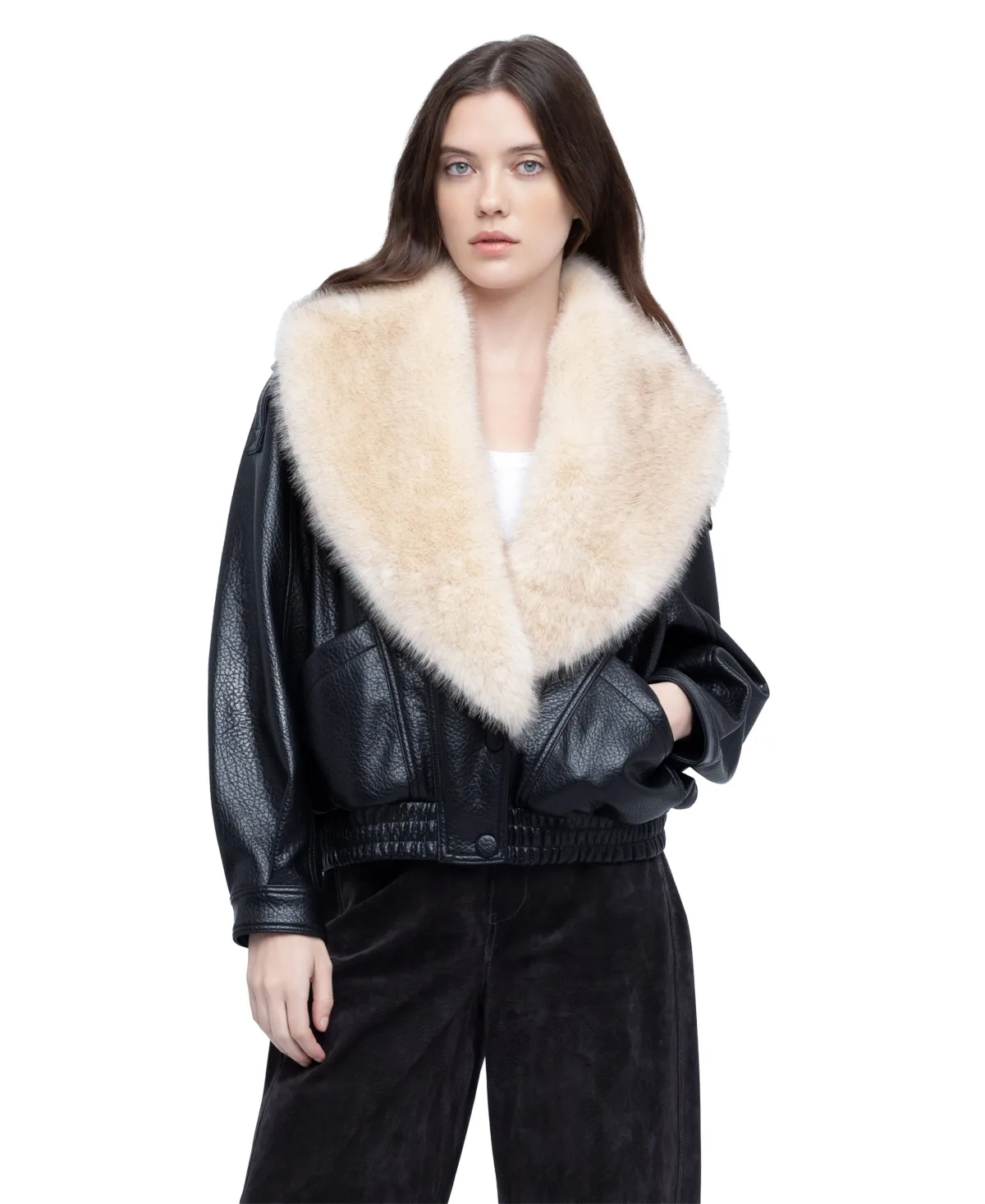 Faux-Leather Bomber Jacket with Removable Faux-Fur Collar by Blank