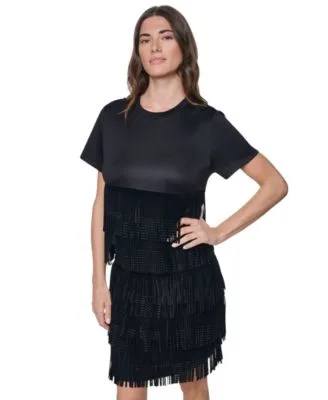 Short Sleeve Rhinestone Fringe Top Rhinestone Fringe Skirt by DKNY