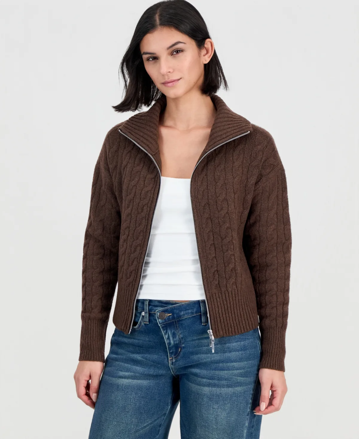 Fold-Over Collar Cable-Knit Full-Zip Sweater by Ultra Flirt