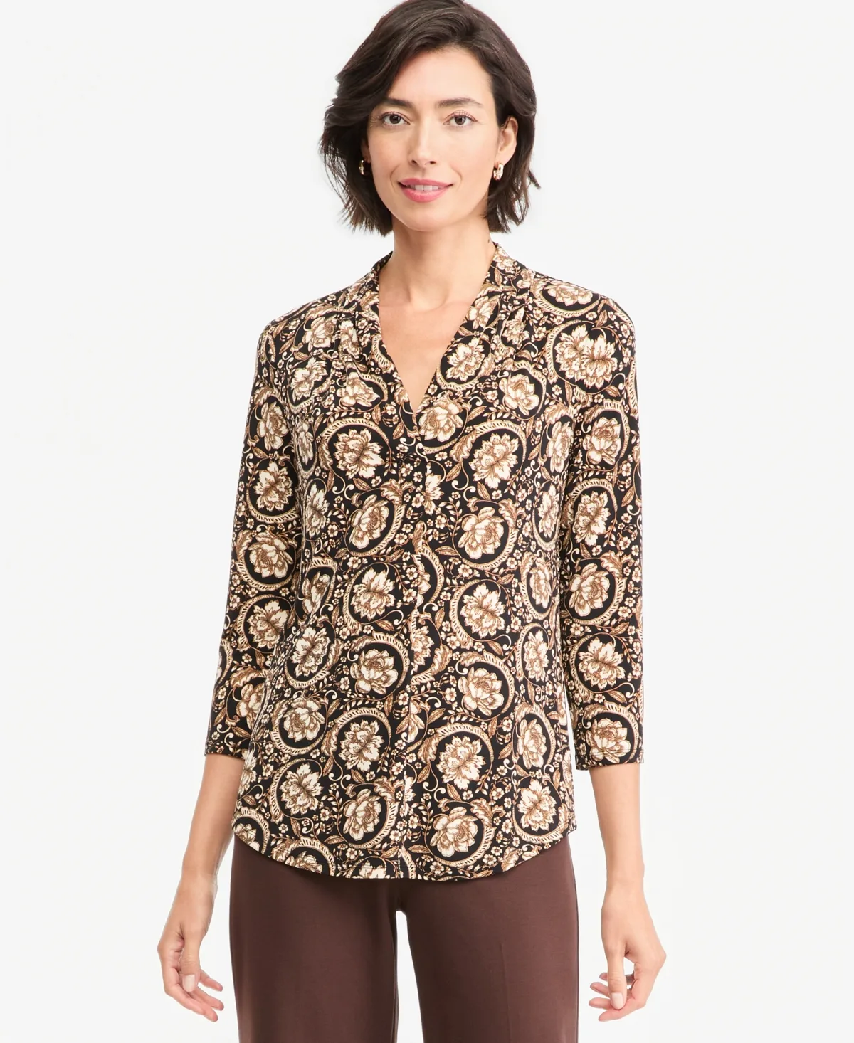 Printed 3/4 Sleeve V-Neck Knit Top by JM Collection
