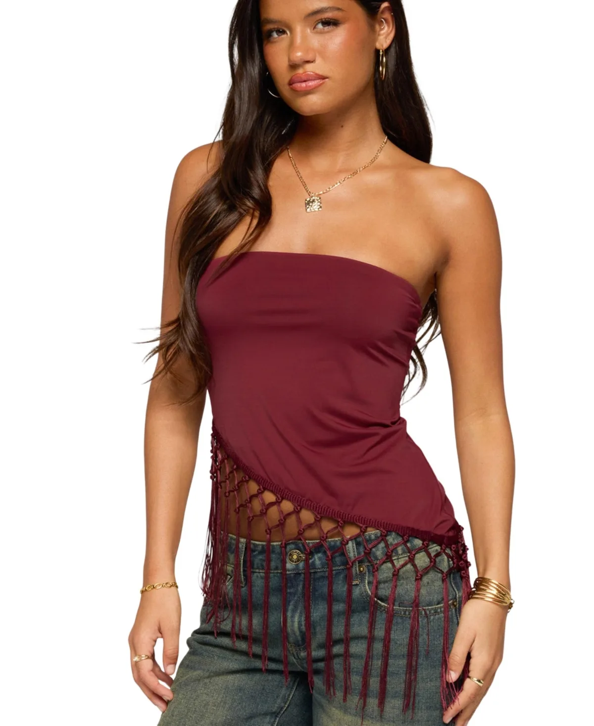 Sarika Asymmetric Fringe Strapless Top by Edikted