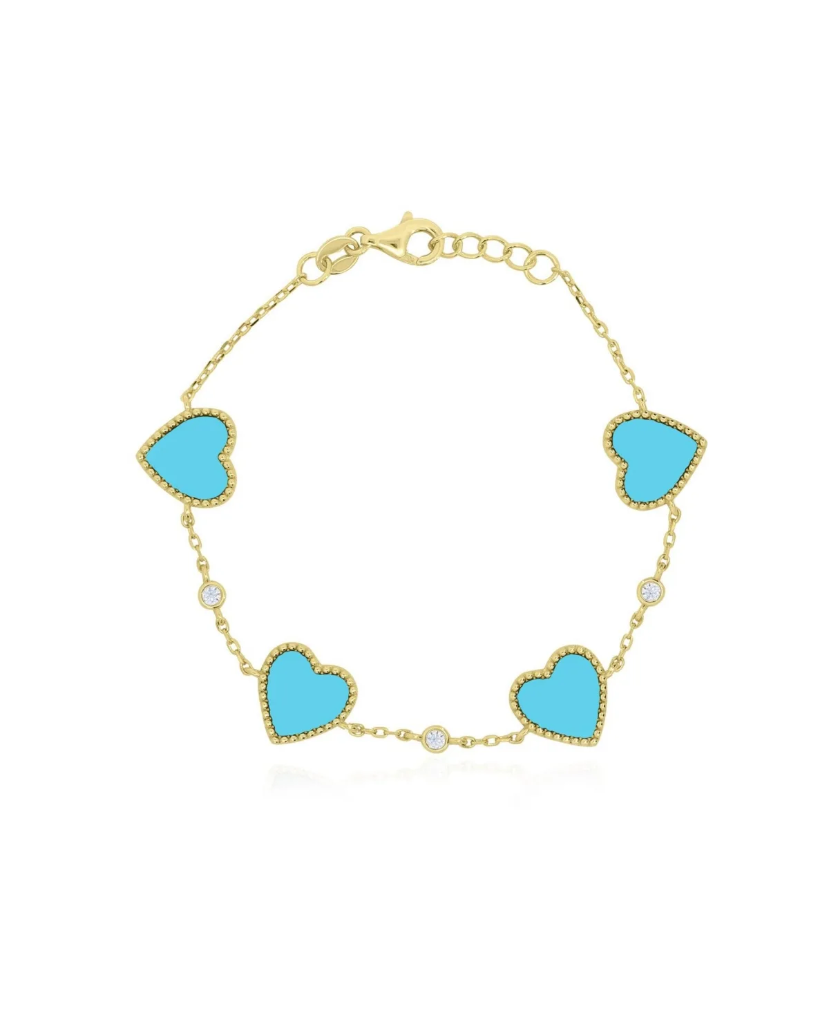 Large Turquoise Heart and Cubic Zirconia Station Bracelet in 14k Gold-Plated Sterling Silver by The Lovery