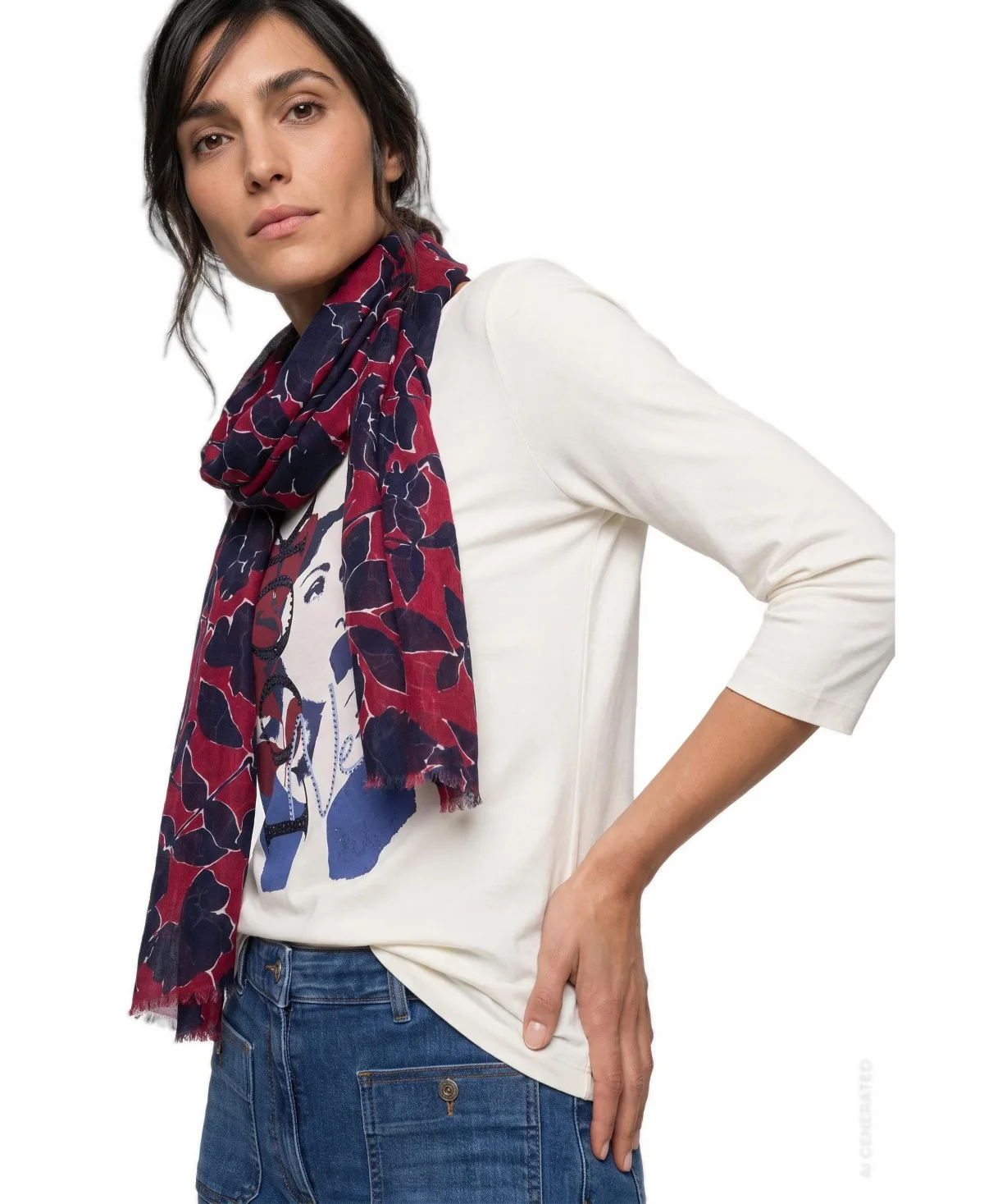 Abstract Floral Frayed-Edge Viscose Scarf by Olsen