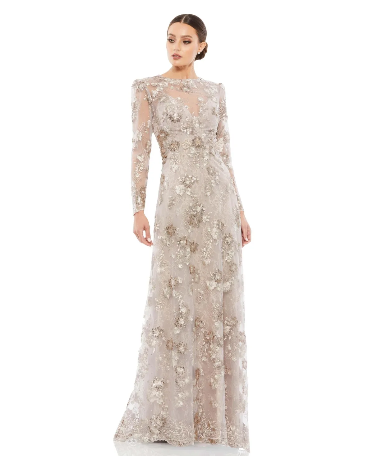 Floral Embroidered Illusion Long Sleeve Evening Gown