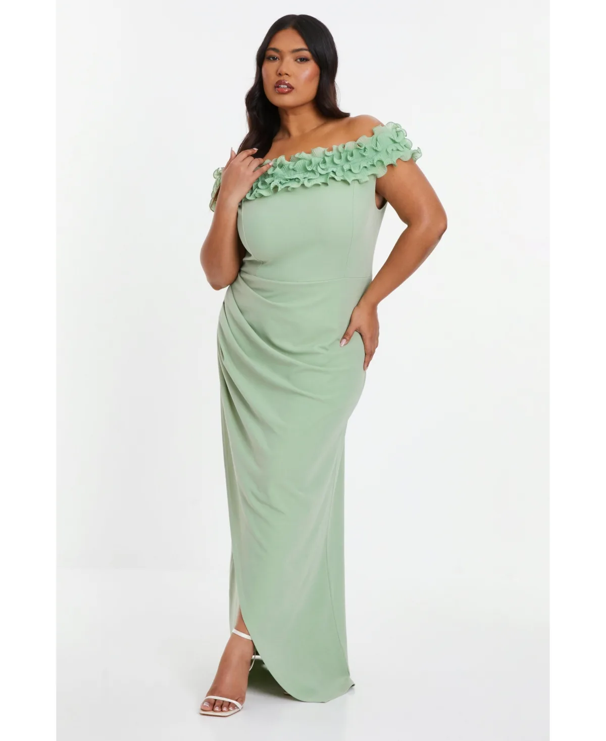 Ruffle Bardot Ruched Maxi Dress by Quiz