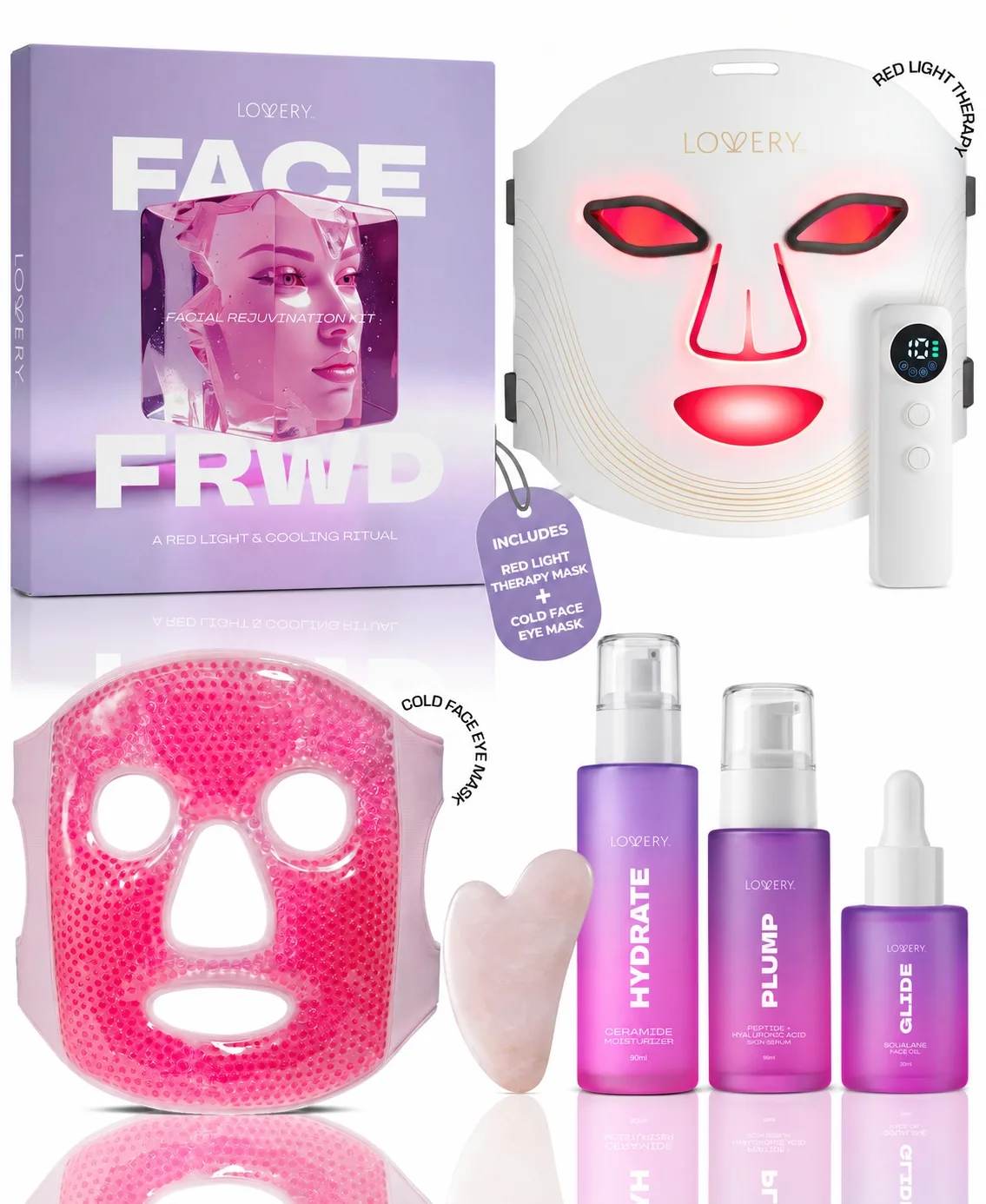 Deluxe Red Light Therapy Face Mask Set, Facial Rejuvenation Skincare Gifts - Quartz Gua Sha, Cryo Mask, Peptide Serum by Lovery