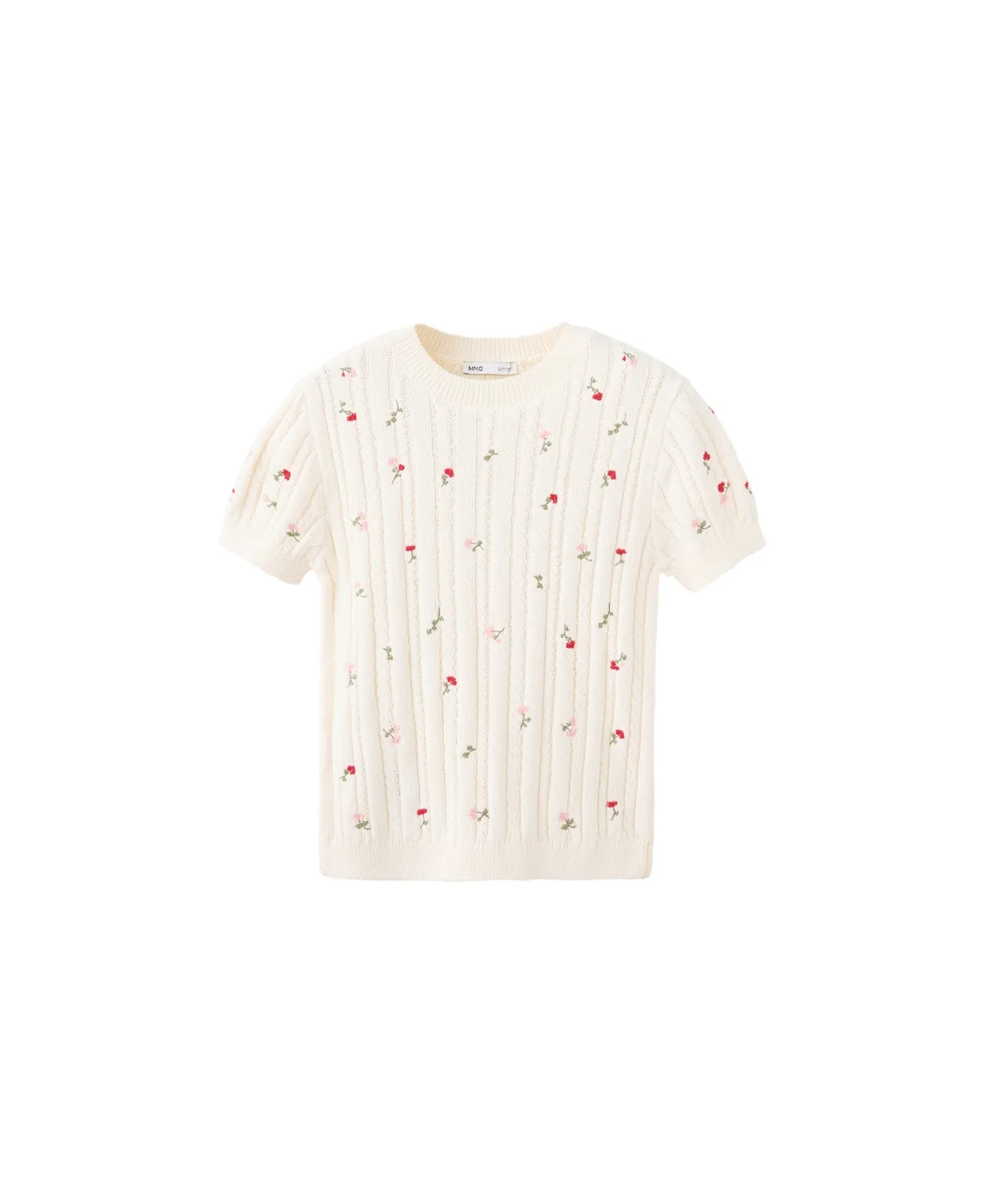 Floral-Embroidered Ribbed Short-Sleeve Sweater by Mango