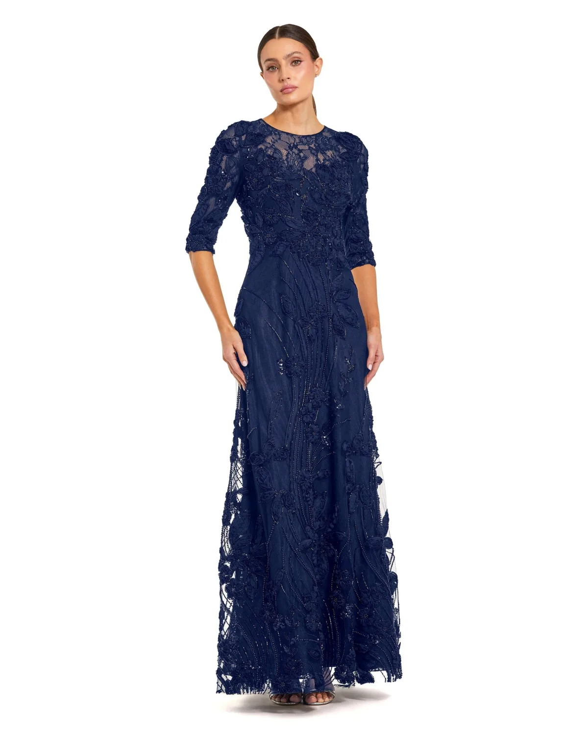 Mac Duggal High Neck Embellished Lace Gown with 3/4 Sleeves by M.A.C.