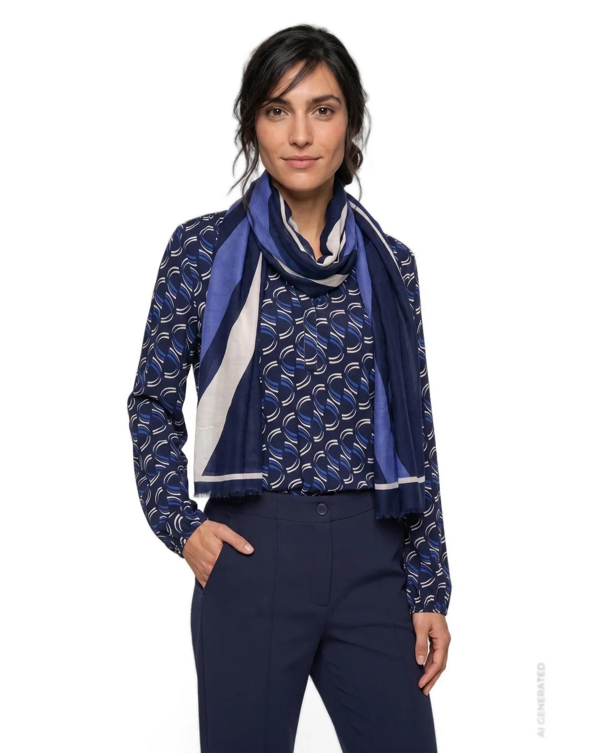 Wave and Border Print Scarf by Olsen