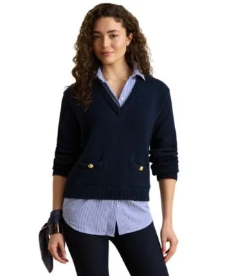 Layered Button Trim V-Neck Sweater by Ralph Lauren