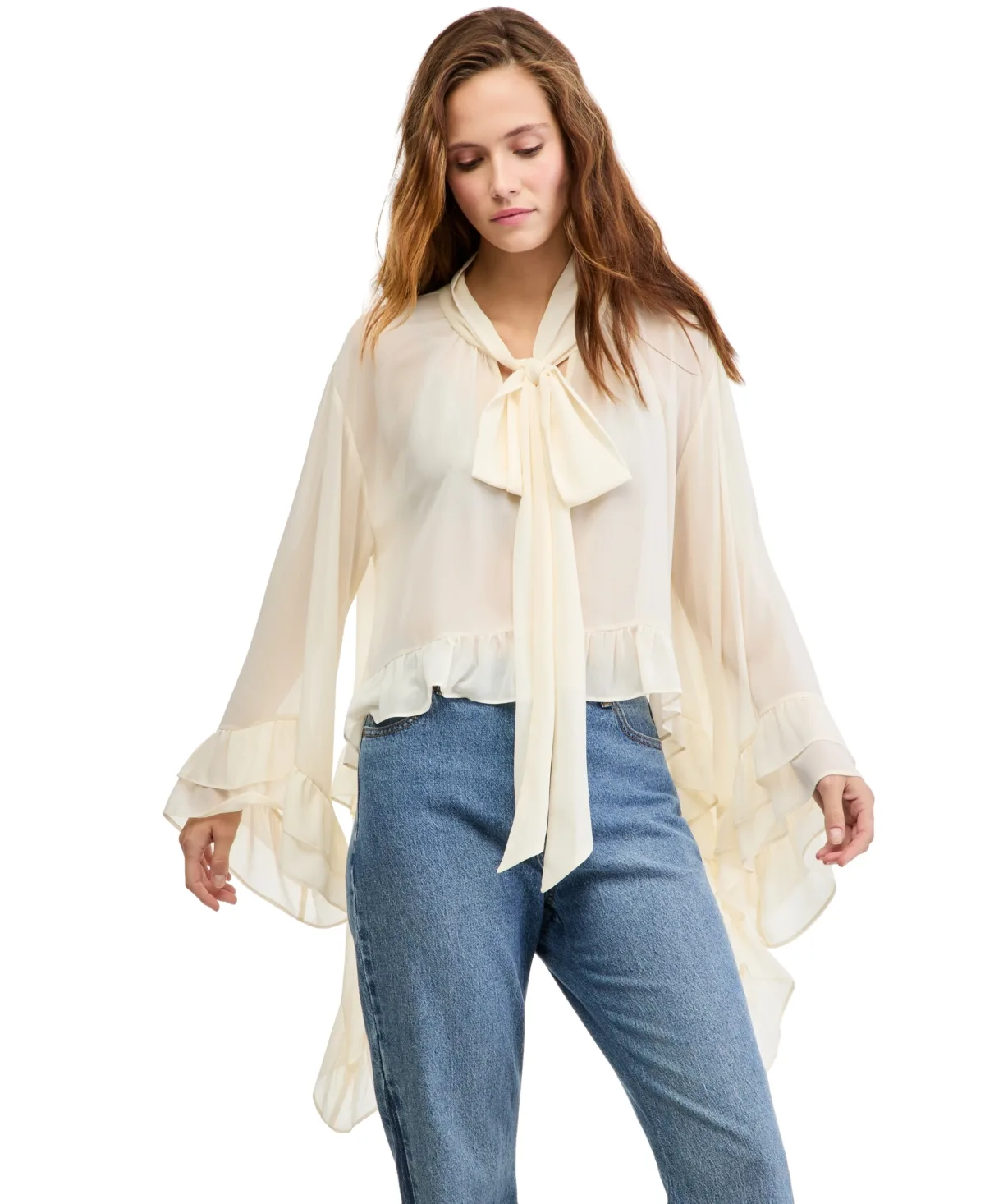 Long-Sleeve Sheer Tie-Neck Blouse by And Now This